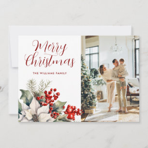 Poinsettia Holly Red Berries Photo Christmas Card