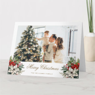 Poinsettia Holly Red Berries Photo Christmas Card