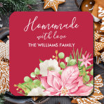 Poinsettia Homemade Food Treat Christmas Baking Square Sticker<br><div class="desc">Homemade with love personalized square stickers feature modern,  elegant winter flowers and a pink poinsettia with your name and greeting in chic lettering. All text,  fonts,  font colours can be modified,  just click the "customize further" link. MATCHING items in our store.</div>