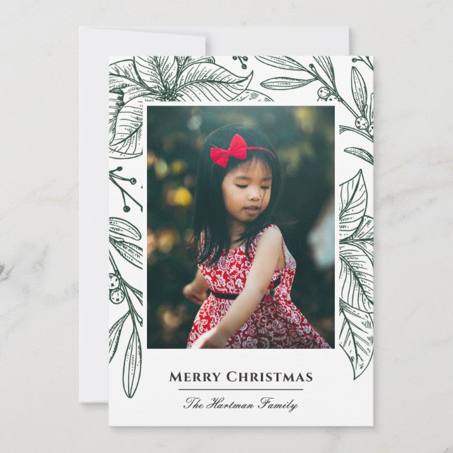 Poinsettia Imprint Elegant Green Photo Holiday Card (Front)