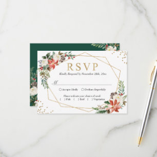 Poinsettia Ivory Floral Geometric Gold Frame RSVP Card