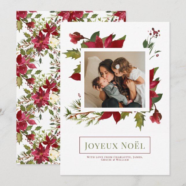 Poinsettia Joyeux Noël Elégante carte de Noël (Devant / Derrière)