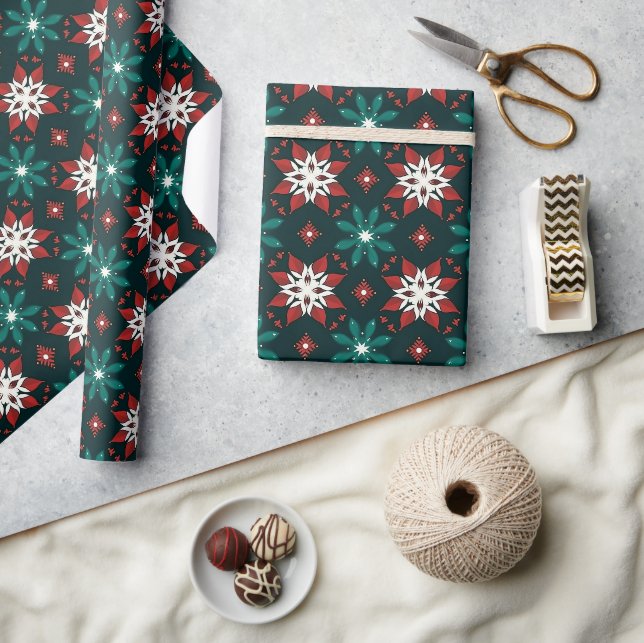 Poinsettia Kaleidoscope Geometric Xmas Festive  Wrapping Paper (Crafts)
