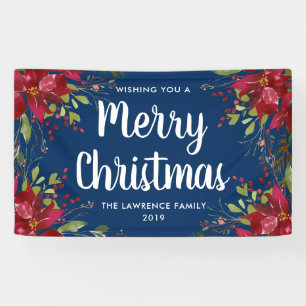 Poinsettia Merry Christmas Holiday Navy Blue Banner
