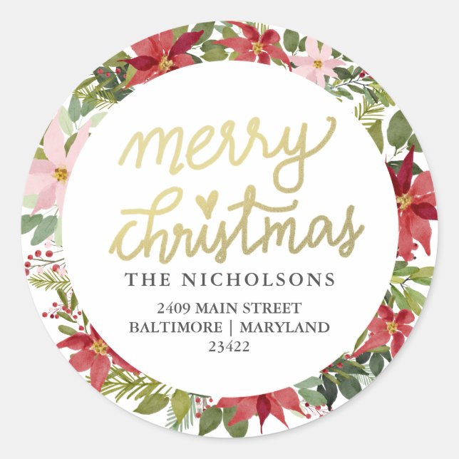 Poinsettia Merry Christmas Wreath | Return Address Classic Round Sticker (Front)