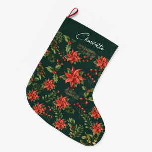 Poinsettia Mistletoe Christmas Floral Large Christmas Stocking