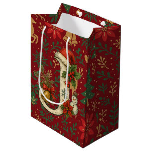 Poinsettia, Monogram J Letter White Medium Gift Bag