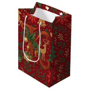 Poinsettia, Monogram K Letter Reindeer Medium Gift Bag
