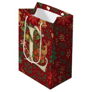 Poinsettia, Monogram L Letter Reindeer Medium Gift Bag