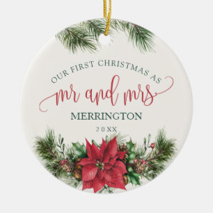 Poinsettia Mr. & Mrs.   First Married Christmas Ceramic Ornament