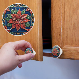 Poinsettia on Blue Christmas Ceramic Knob