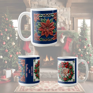 Poinsettia on Blue Christmas Customizable Coffee Mug