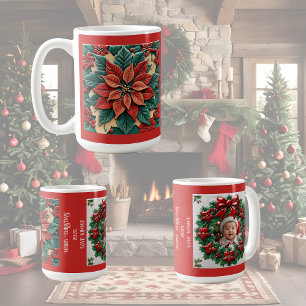 Poinsettia on Red Christmas Customizable Coffee Mug