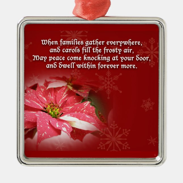 Poinsettia on Red With Poem Metal Ornament (Front)