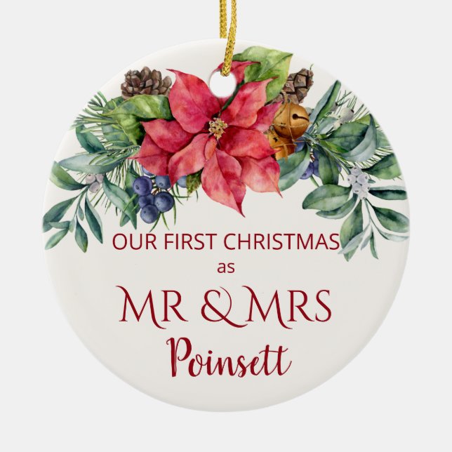 Poinsettia, Our 1st Christmas as Mr & Mrs Photo Ceramic Ornament (Front)
