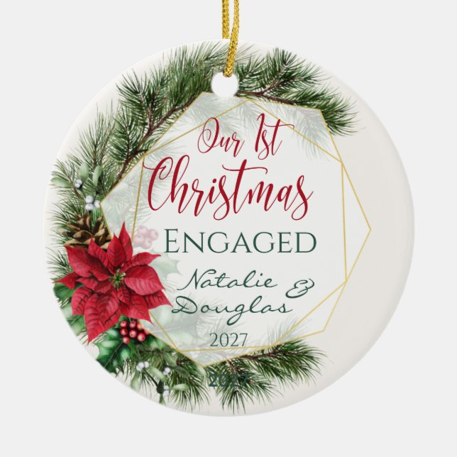 Poinsettia, Our 1st Christmas Engaged Photo Ceramic Ornament (Front)