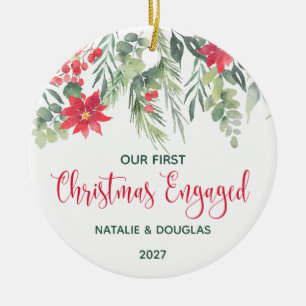 Poinsettia, Our 1st Christmas Engaged Photo Ceramic Ornament