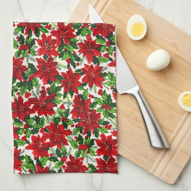 Poinsettia Pattern Christmas Kitchen Towel (Quarter Fold)