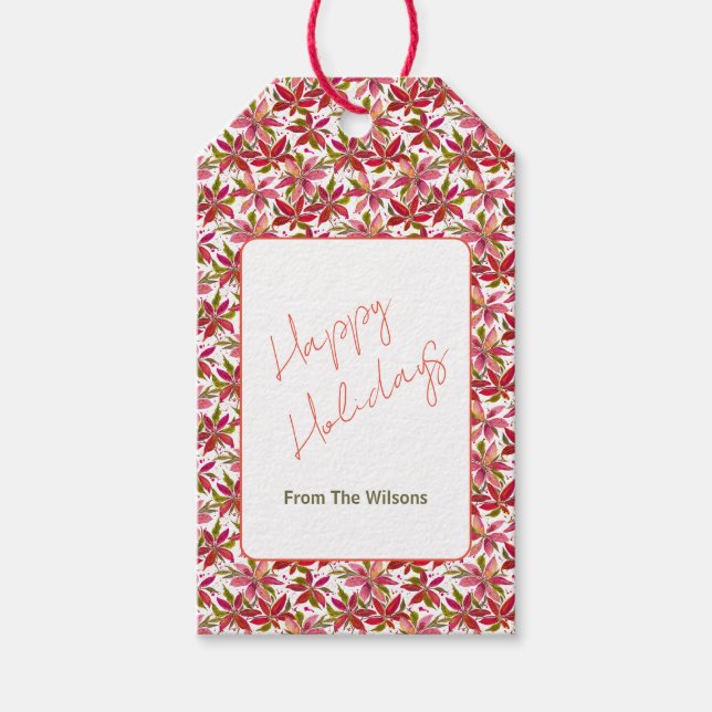 Poinsettia Personalized Happy Holiday Gift Tags (Front)