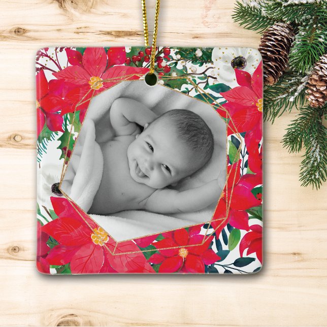 Poinsettia Photo Frame First Time Grandparents Ceramic Ornament (Creator Uploaded)