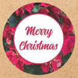 Poinsettia Photo Red Merry Christmas Classic Round Sticker<br><div class="desc">These lovely round poinsettia stickers are a lovely addition to your gift wrapping this holiday season.  The poinsettia photo is vibrant and eye catching behind the red customizable words on the white background.</div>