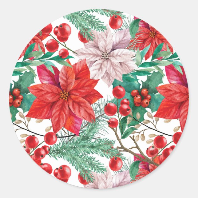Poinsettia, Pine Boughs and Red Berries    Classic Round Sticker (Front)