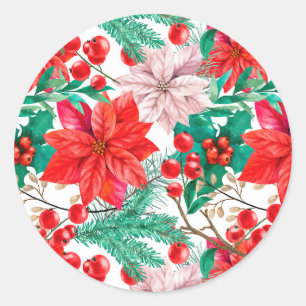 Poinsettia, Pine Boughs and Red Berries Classic Round Sticker