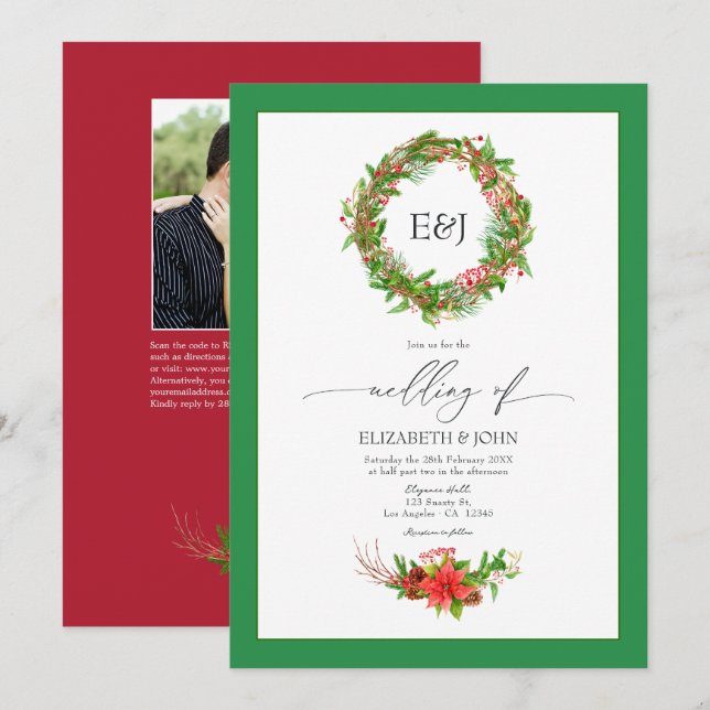 Poinsettia & Pine Christmas Wedding Charm QR Code Invitation (Front/Back)