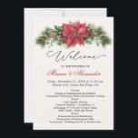 Poinsettia Pine Cones Holly Wedding Program<br><div class="desc">Wedding at Christmas time. Wedding program - this design features a watercolor Poinsettia with an arrangement of mistletoe,  pine branchlet,  pine cones,  holly and sleigh bells. The background colour (front and back) can be changed.</div>
