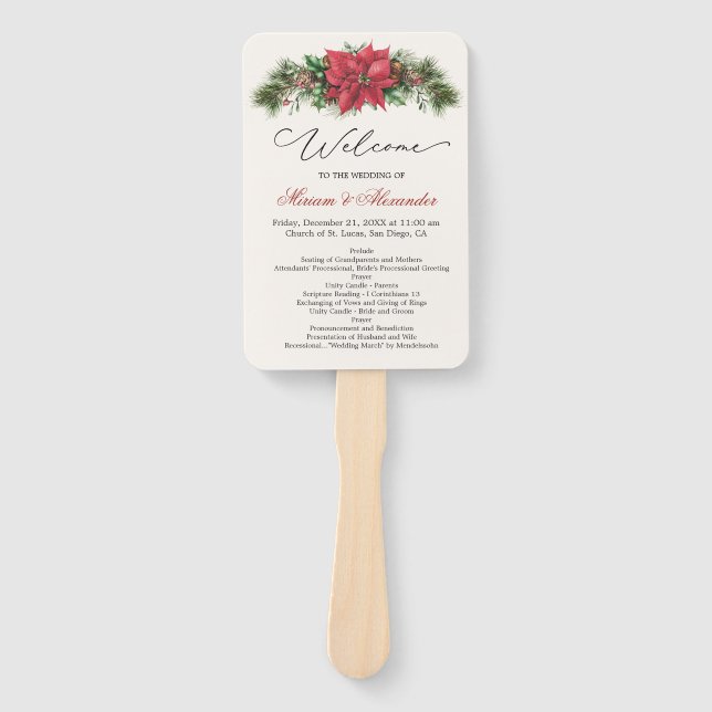 Poinsettia Pine Cones Holly Wedding Program Hand Fan (Front)