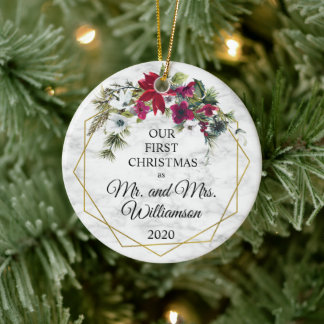 Poinsettia Pine Gold Frame 1st Christmas Married Ceramic Ornament