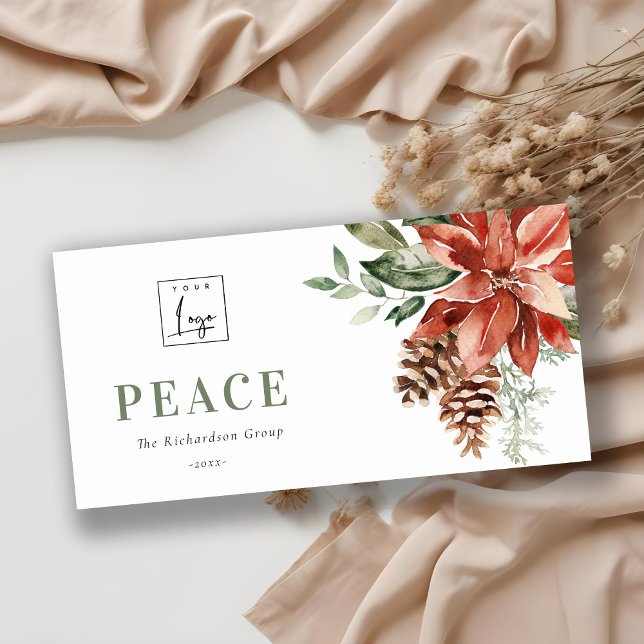  Poinsettia Pine Peace Christmas Logo Business Holiday Card (Creator Uploaded)