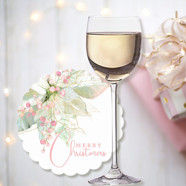 Poinsettia Pink Gold Sage Merry Christmas Scallop Paper Coaster (Creator Uploaded)