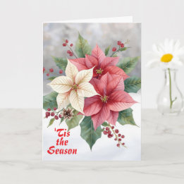 Poinsettia Pink White "'tis the Season" Christmas Card