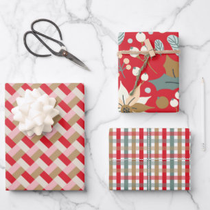 Poinsettia plaid red background winter holiday  wrapping paper sheet