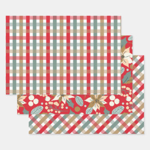 Poinsettia plaid red background winter holiday  wrapping paper sheet