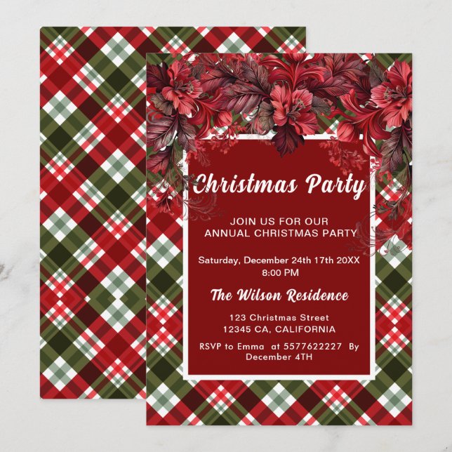 Poinsettia Plaid Tartan Kraft Rustic Christmas  Invitation (Front/Back)
