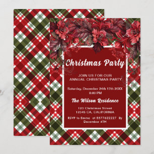 Poinsettia Plaid Tartan Kraft Rustic Christmas  Invitation