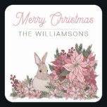 Poinsettia Rabbit Merry Christmas Pink Square Sticker<br><div class="desc">Poinsettia Rabbit Merry Christmas Pink Square Sticker features a gorgeous illustrated Merry Christmas sticker featuring pink poinsettia flowers and a bunny rabbit hiding among the flowers. This lovely holiday artwork makes the perfect sticker label to attach to your holiday gifts this year. Customize with your family name for an easy...</div>