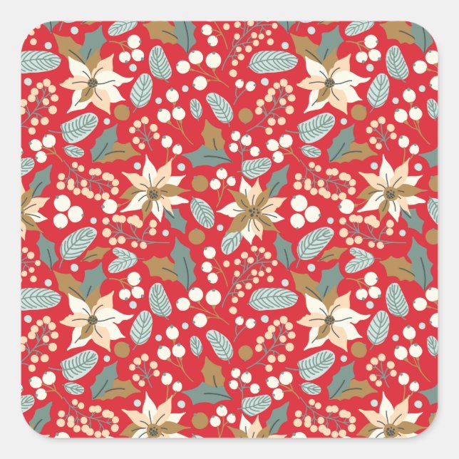 Poinsettia red background winter holiday square sticker (Front)
