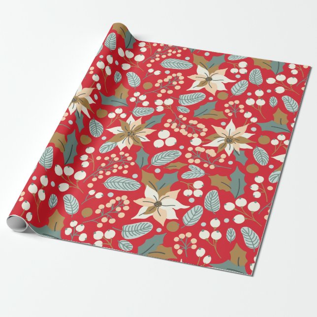Poinsettia red background winter holiday wrapping  wrapping paper (Unrolled)