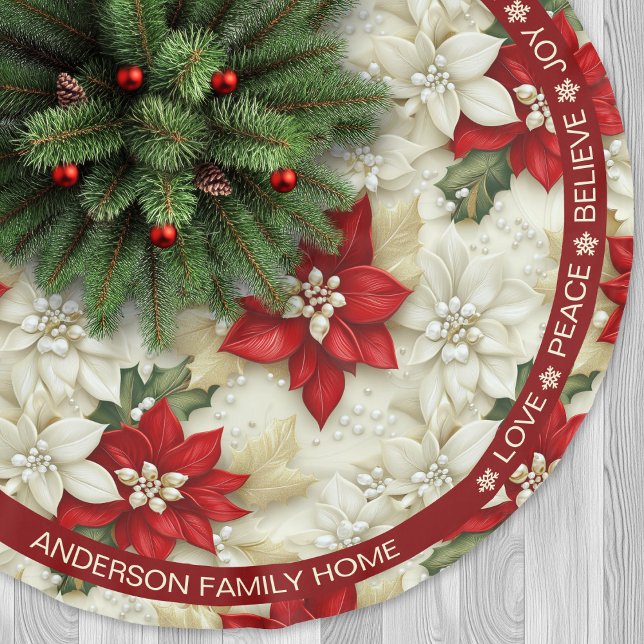 Poinsettia Red Beige Festive Words Christmas Brushed Polyester Tree Skirt (Poinsettia Red Beige Festive Words Christmas Brushed Polyester Tree Skirt)