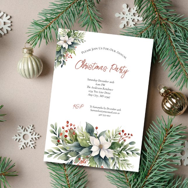 Poinsettia Red Berries Christmas Holiday Party Invitation (Poinsettia Greenery Christmas Holiday Party Invitation Printed or Digital Instant Download)