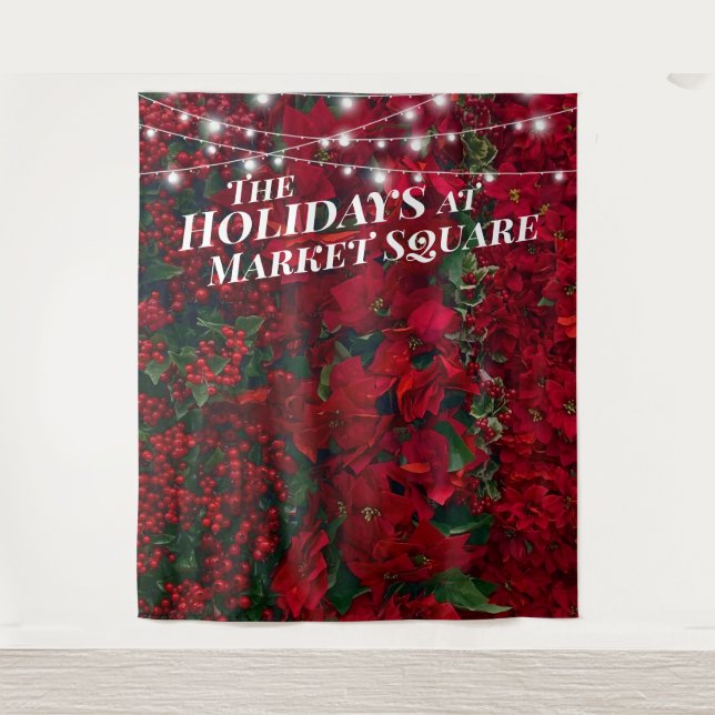 Poinsettia Red Berries Holiday Photo Backdrop Tapestry (Front)
