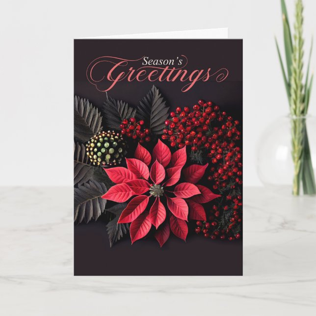 Poinsettia Red Berries Season's Greetings Holiday Card (Front)