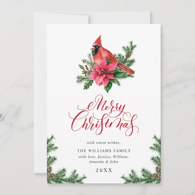 Poinsettia Red Cardinal Christmas Greeting Holiday Card (Front)