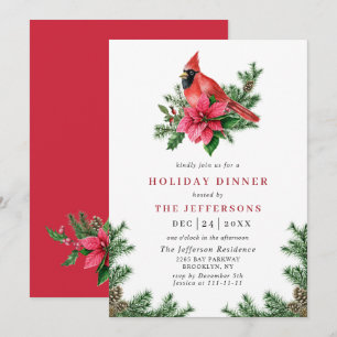 Poinsettia Red Cardinal Christmas HOLIDAY DINNER Invitation
