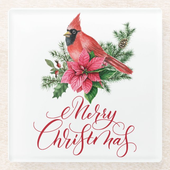 Poinsettia Red Cardinal Christmas Holiday Glass Coaster (Front)