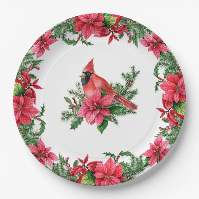 Poinsettia Red Cardinal Christmas Holiday Paper Plate (Front)