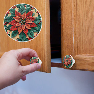 Poinsettia Red Christmas  Ceramic Knob